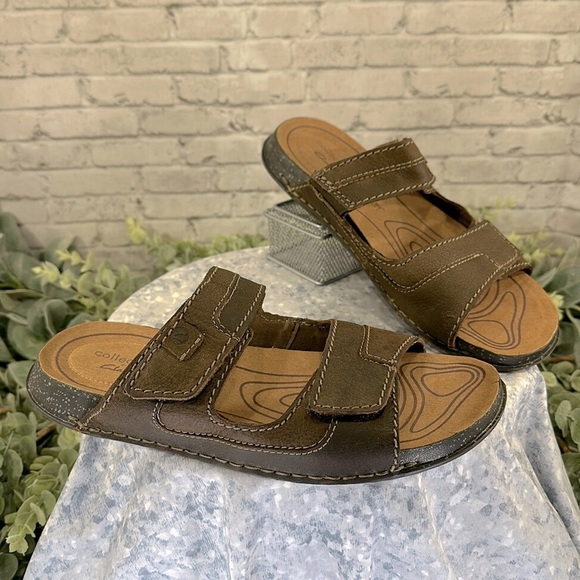 Clark’s “Crestview” Brown Stitched Leather 2-Band Easy Sandal Slides Mens 9M🤎EUC - Picture 1 of 10